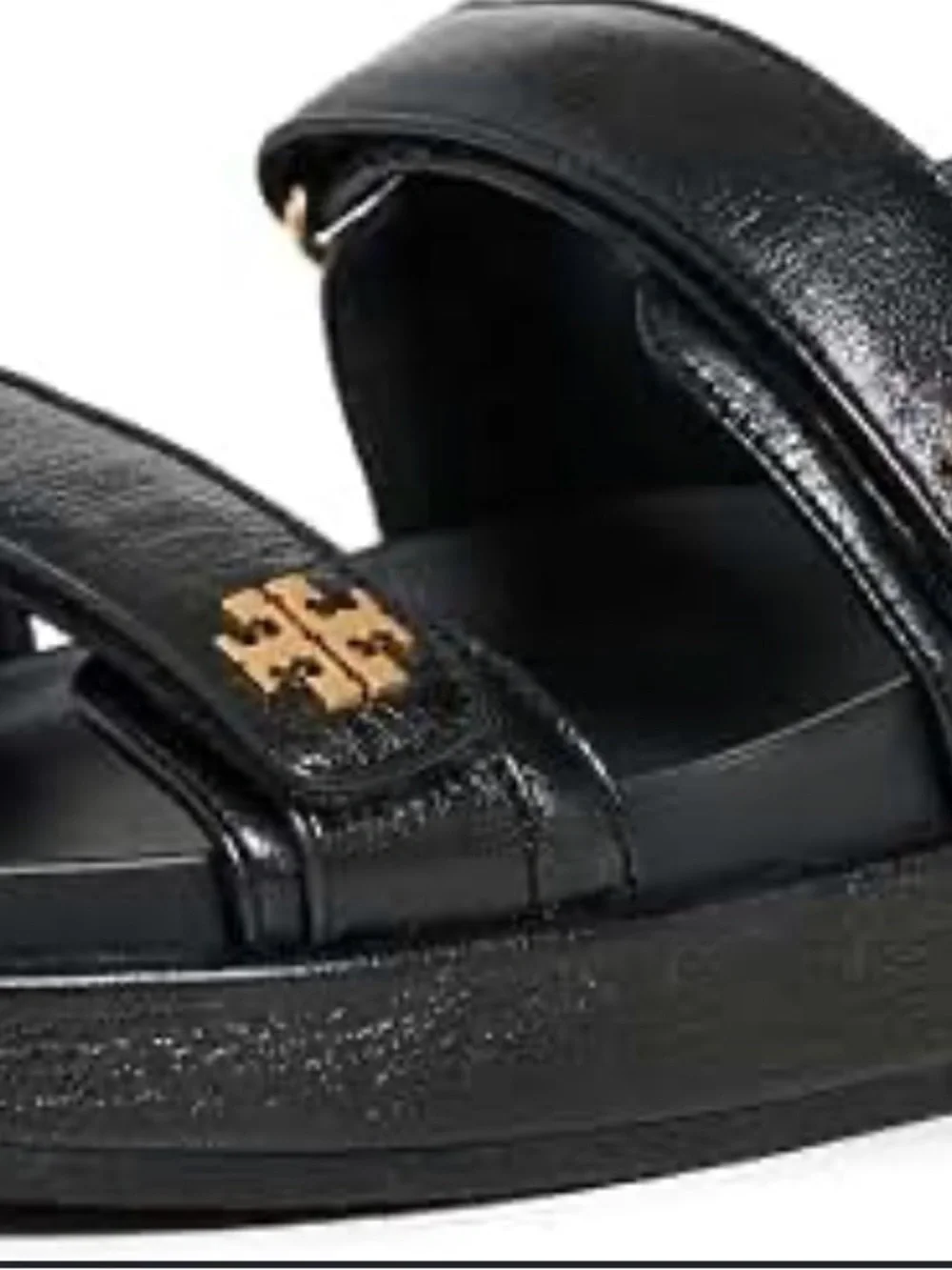 Tory Burch Kira women’s Black Leather Double-Strap Sandals with Gold Logo